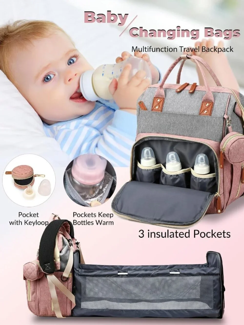 Stylish Diaper Bag Backpack with Changing Station, Waterproof, 18 Pockets, USB